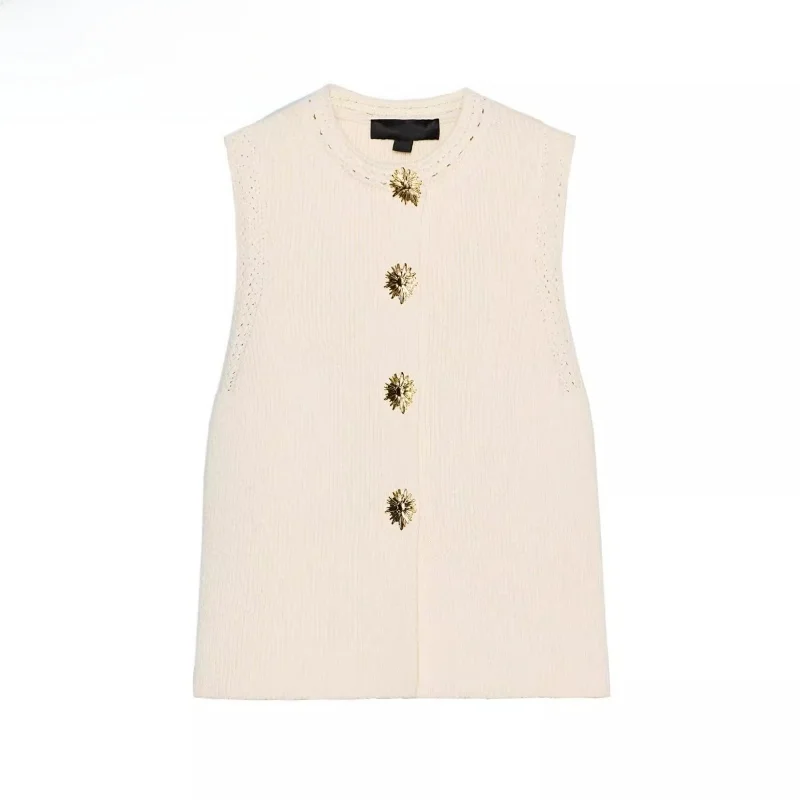 

New Summer Women's Knitted Gold Button round Ne Svel Vest Top 2025 Commute Sle Color Other Material 00%