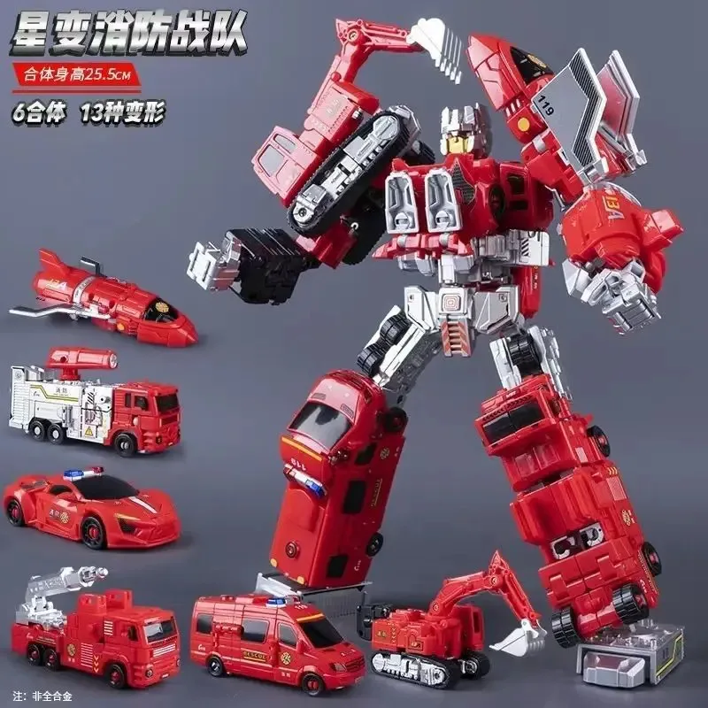 Op voorraad 6-in-1 brandweerwagentransformatieteam Gecombineerde figuur Transformatie voor kinderen Actiefiguur Robotspeelgoed Legering