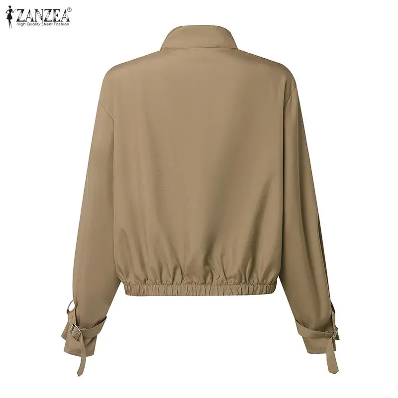 เสื้อโค้ทสั้นสไตล์สปริง ZANZEA ปี 2026 แจ็คเก็ตสำหรับใส่ทำงาน แจ็คเก็ตแขนยาวทรงเข้ารูปสำหรับผู้หญิง กระดุมสองแถว สีพื้น