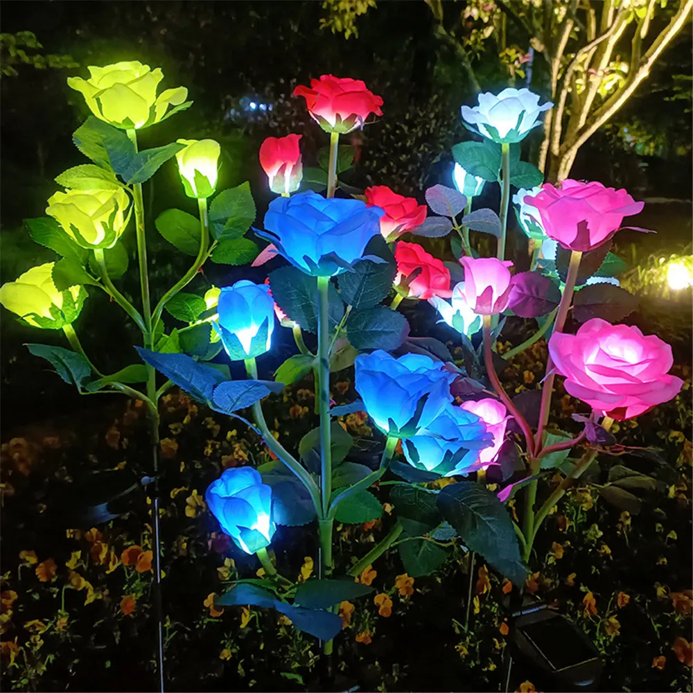 5 Heads Solar Lights Outdoor Decorative Solar Garden Lights Rose Flower Lawn Lamp for Yard Patio Garden Decor