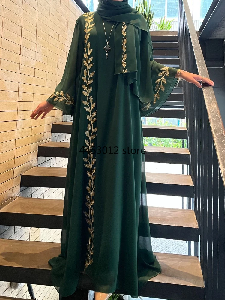 Robe longue brodée avec écharpe pour femme, abaya musulmane, Eid, Dubaï, arabe, Maroc, Kaftan, écharpe de sauna, magnifique, ensemble de 2 pièces