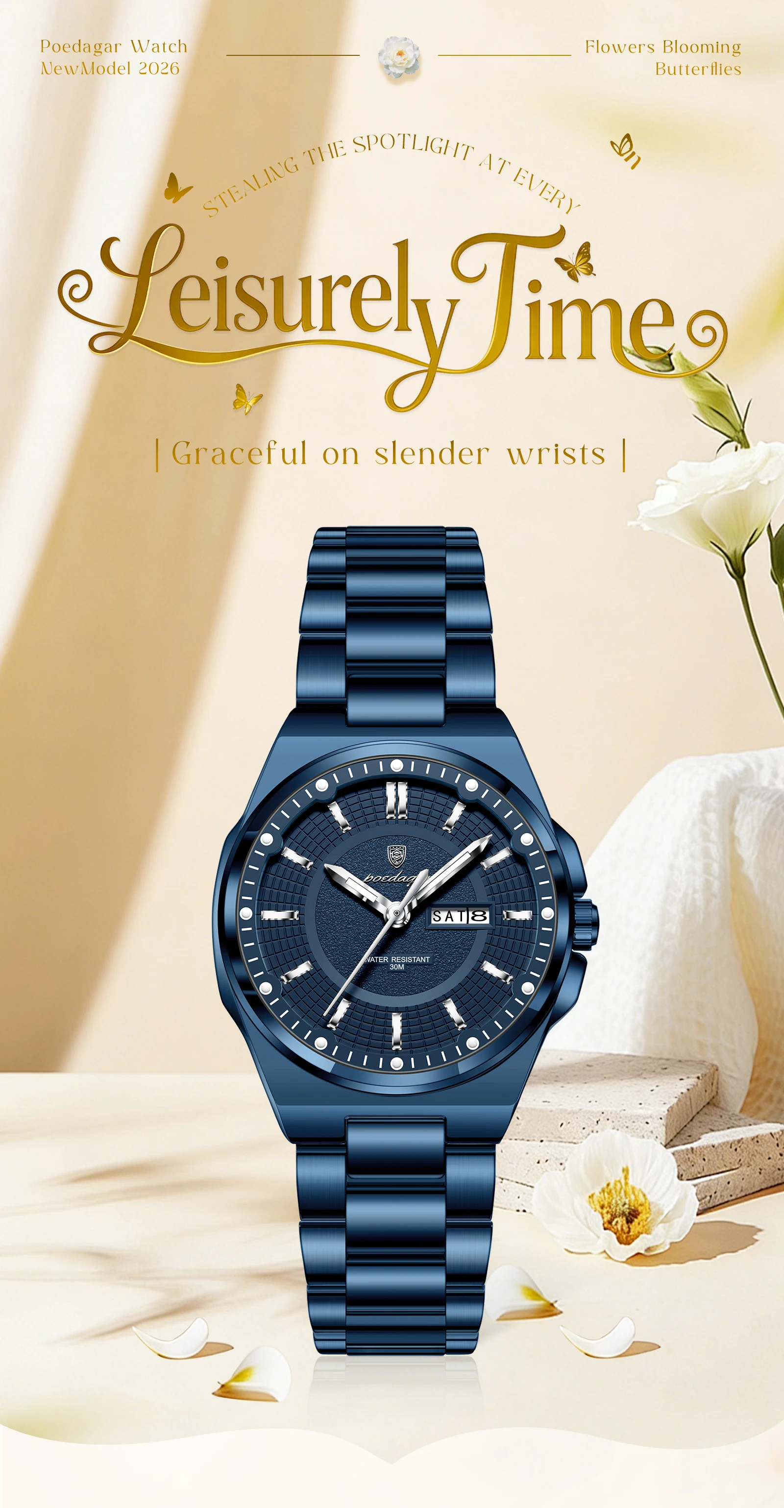 POEDAGAR Modemarke Damenuhr Leuchtend Wasserdicht Business Damen Armbanduhr mit Wochentag und Datum Elegante Quarz Damenuhren Reloj – Detail 2