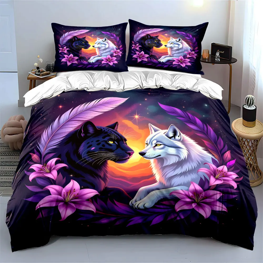Black Panther and White Wolf Encircled by Purple Flowers Print Bedding Set 1 Duvet Cover 2 Pillowcases for Adult and Children