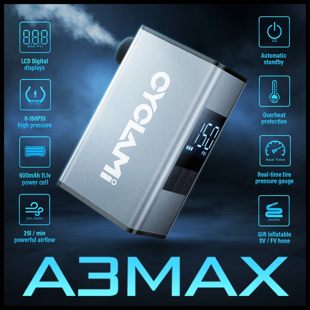 

Aluminum Alloy 150 PSI Electric Pump Portable Bike Air Rechargeable Tire Inflator Schrader Presta Valve Silver CYCLAMI A3 MAX