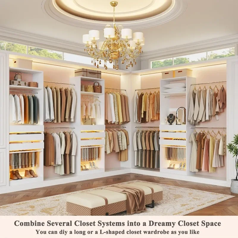 Closet System Closet Organizer System with LED Glasstop Wood Walk-in Closet Trouser Rack, Built-in Wardrobe Garment Rack