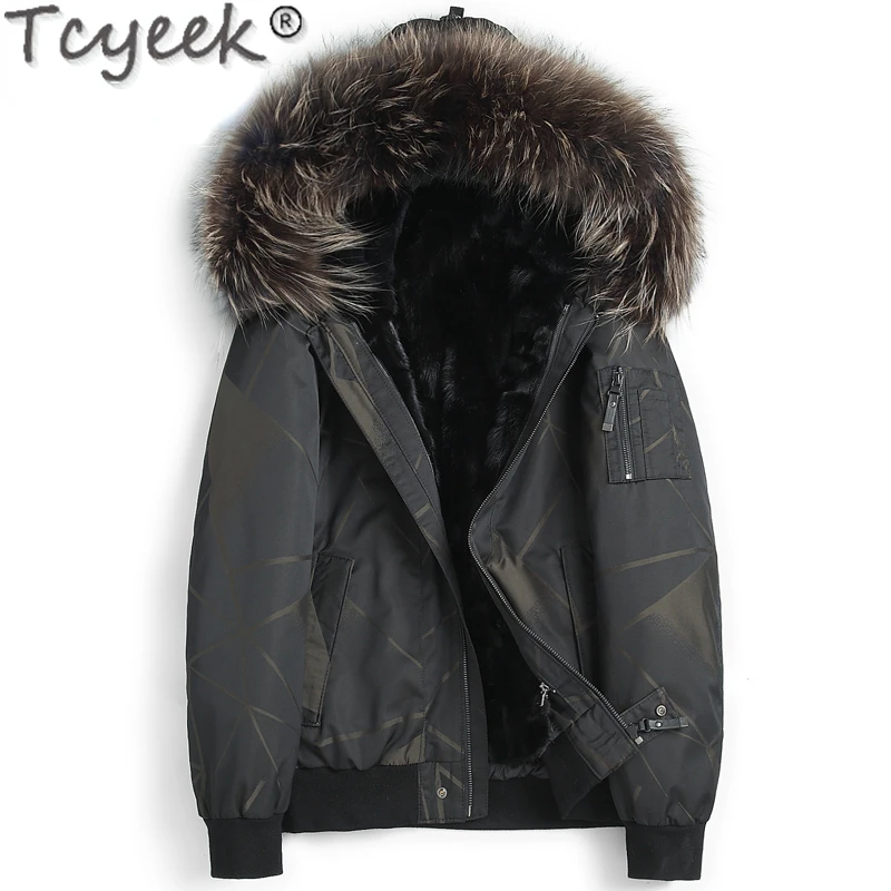 

Tcyeek New Natural Fur Coat Mens Short Hooded Parka Winter Mink Fur Liner Detachable Fashion Men Clothes Warm Raccoon Fur Collar