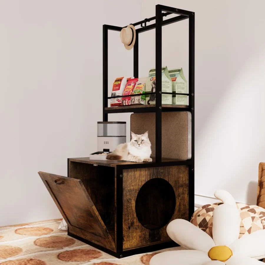 

55Refined Litter Box Enclosure with Storage Shelves and 2 Hanging Clothes Rack 4in1 Hidden Cat Litter Box Enclosure Furniture w