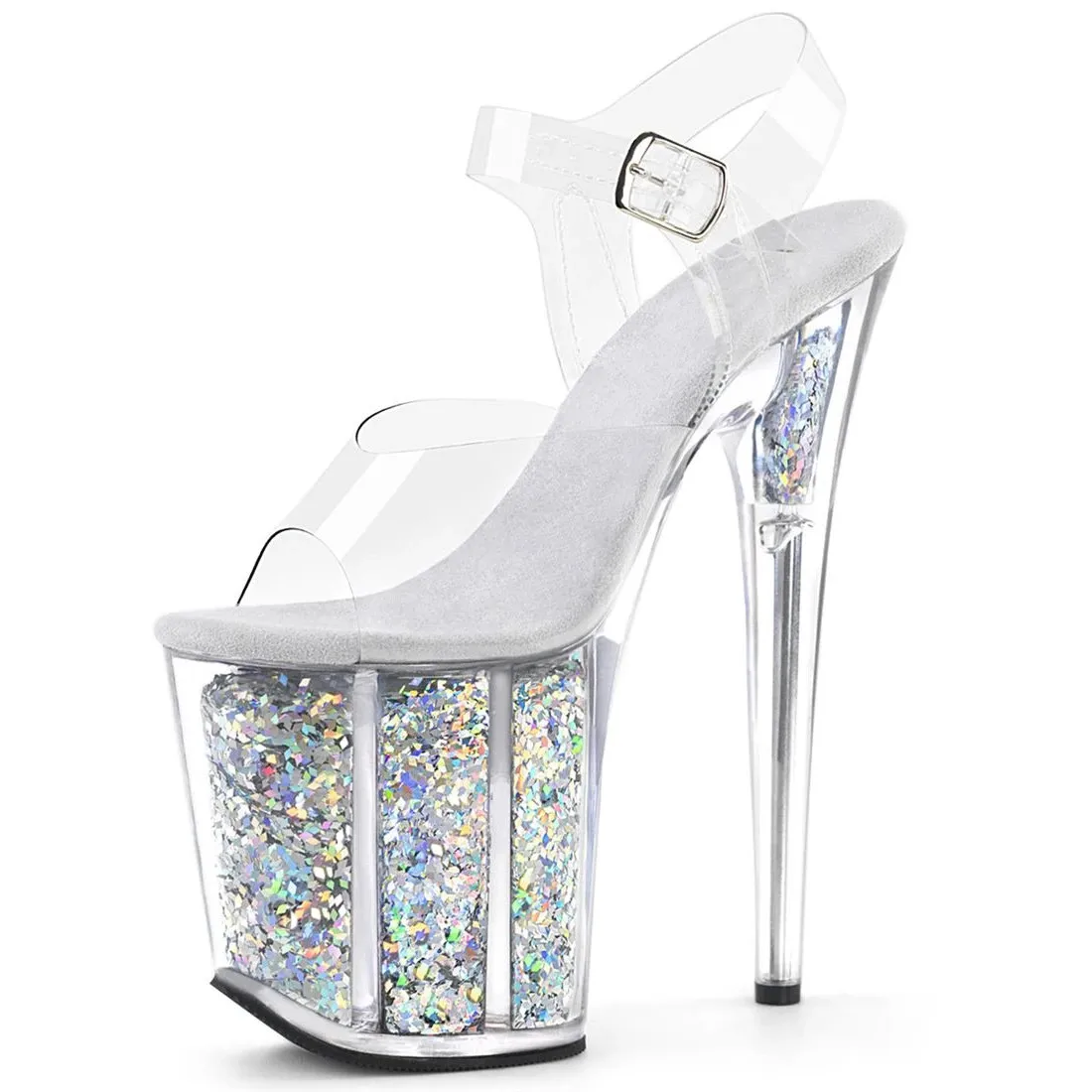 Summer Crystal PVC Women\'s Shoes Steel Pipe Dance Sandals 20CM Thin High Heels Stiletto Plus Size Sequins Platforms Pumps