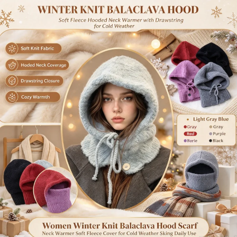 Women Knitted Balaclava Hooded Drawstring Plush Soft Thicken Ear Protection Windproof Coldproof Winter Warm Beanie Cap Accessory