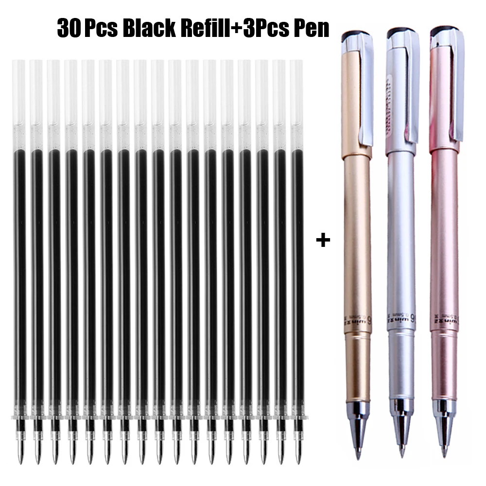 3+30Pcs 0.5mm Gel Pen Neutral High Capacity Black Blue Red Replaceable Pen Ink Writing Ballpen Office/School Stationery