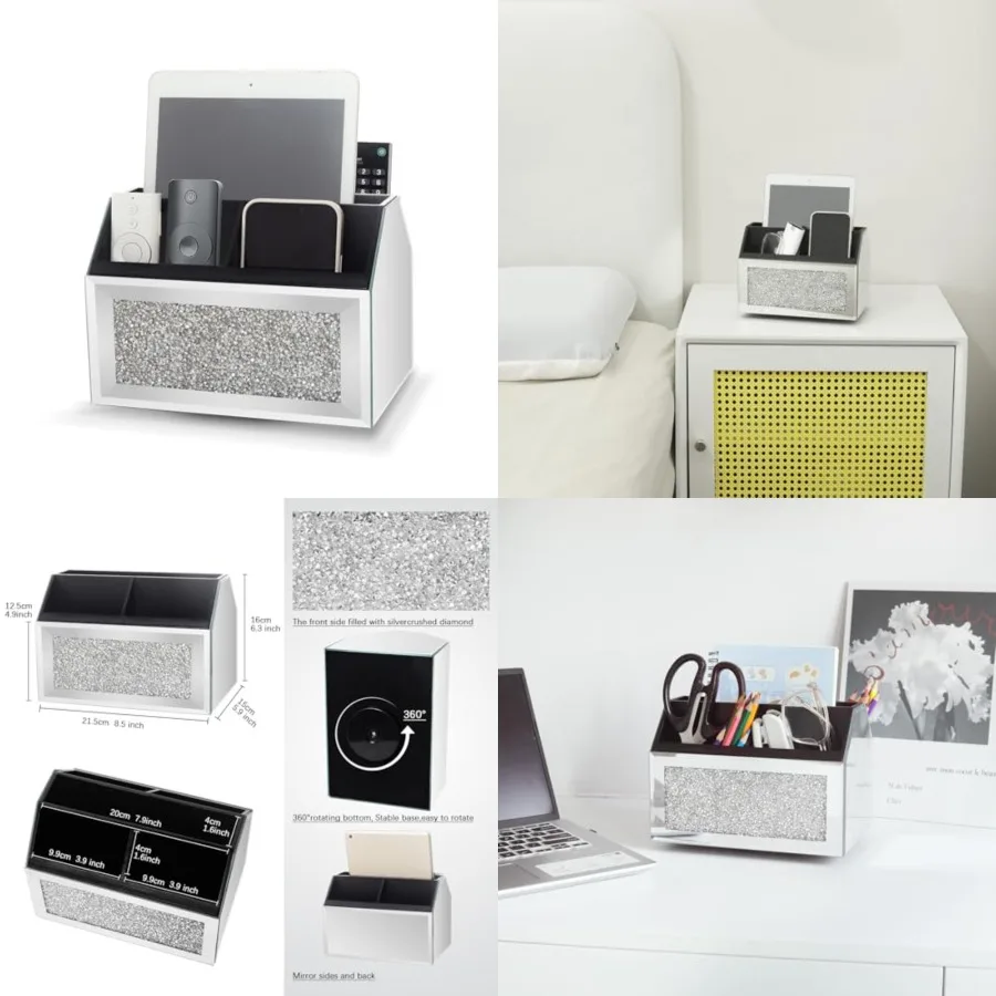 

360 TV Remote Control Holder Storage Caddy for Pad Phone Pen and Pencils, Makeup Brush, Silver Crushed Diamond Desk Organizer f