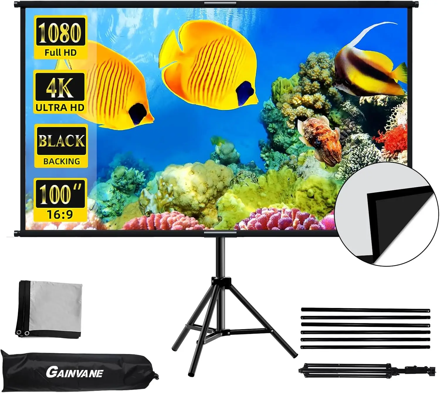 

Projector Screen with Stand 100 inch, Indoor Outdoor 16:9 HD Tripod Screen with Black Backing and Storage Bag