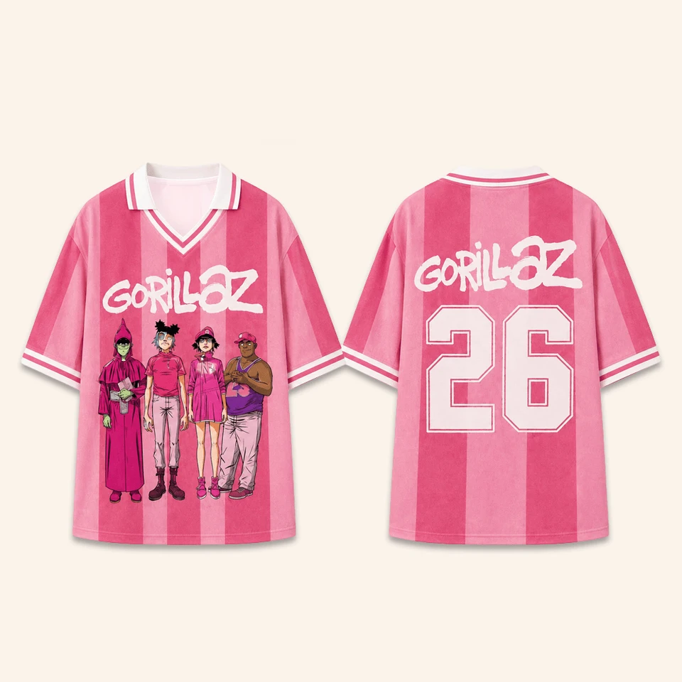 Men Gorillaz Virtual Band Stripe V Neck Jersey Woemn Y2K Oversized Band Member Graphic Double Sided Print Fan Merch Streetwear
