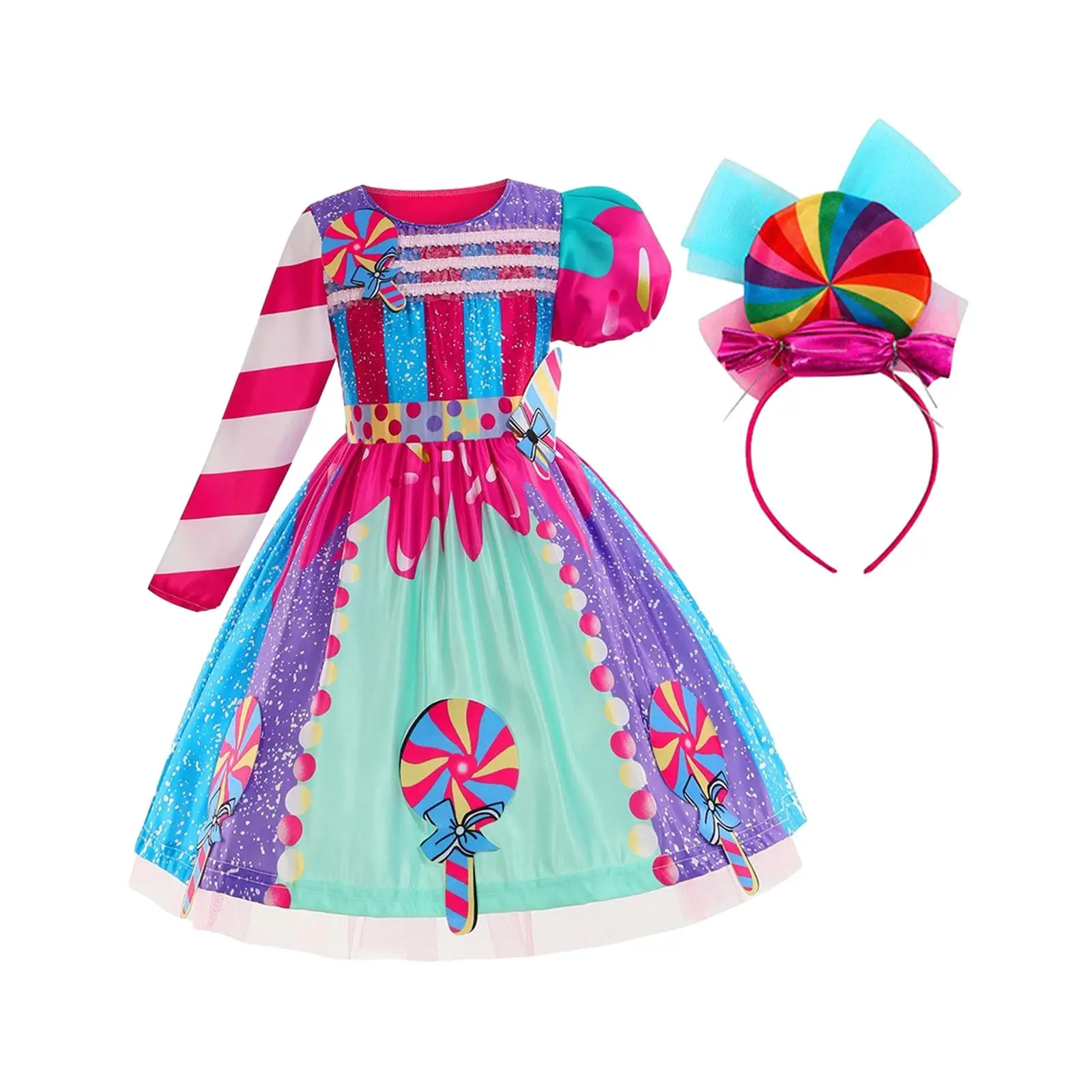Multicolor Candy Themed Dress for Girls with Headband Stage Costume Dress Up Birthday Party Outfit