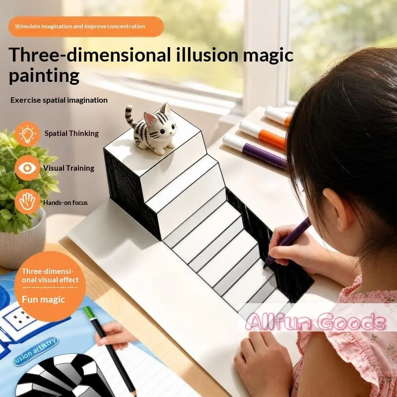 Magic 3D Optical Illusion Kids 3D Visual Trick Sketch Practice Copybook Children Art Hand‑Drawing Training Workbook Creative