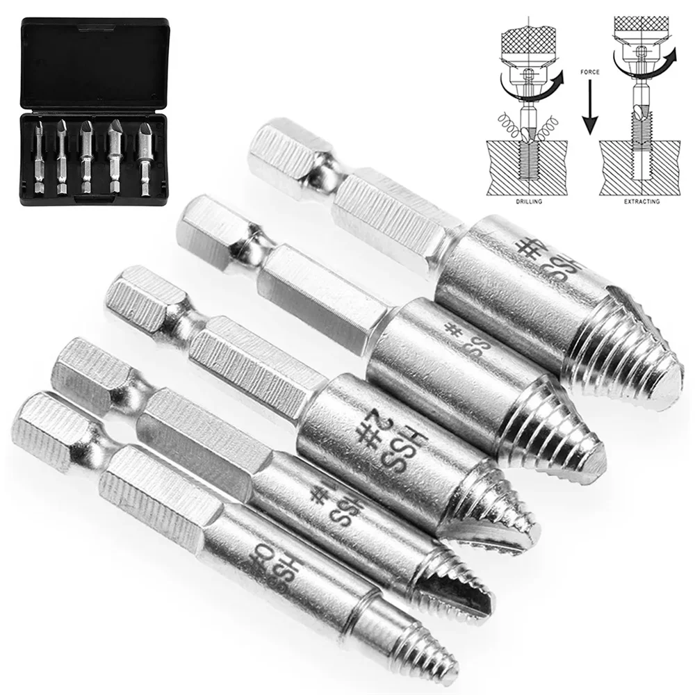 5 peças haste hexagonal 1/4 "parafuso extrator de cabeça quebrada aço de alta velocidade quebrado para retirar furadeira elétrica