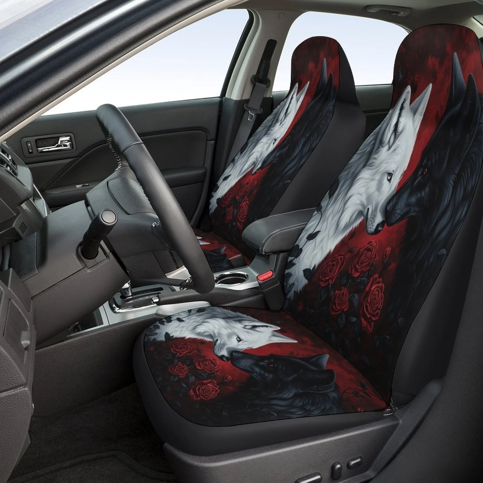 Wolf And Roses Designed Car Seat Cover Set For Most Cars, Fashion Comfortable Car Seat Protector Covers Full Set, Universal Car