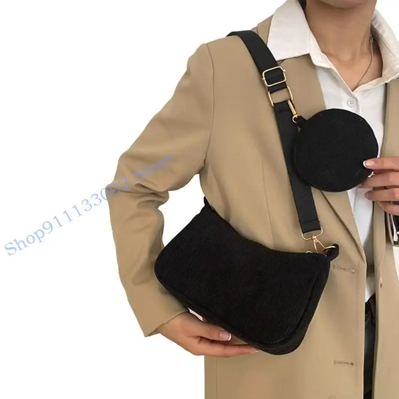 حقيبة كتف H9ed Corduroy مع أكياس كروسة حقيبة عملة معدنية لضرورياتك