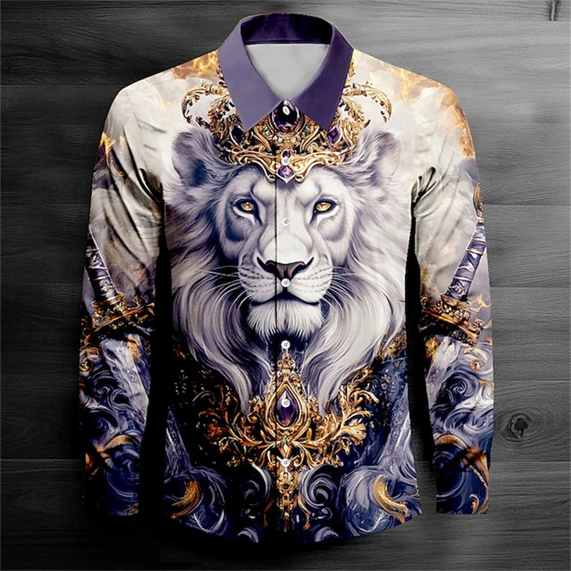 Fashion Men's Lion Printed Shirt Lapel Suit Long Sleeve Casual Outdoor Street Top 2025 New Soft Comfortable Breathable Shirt