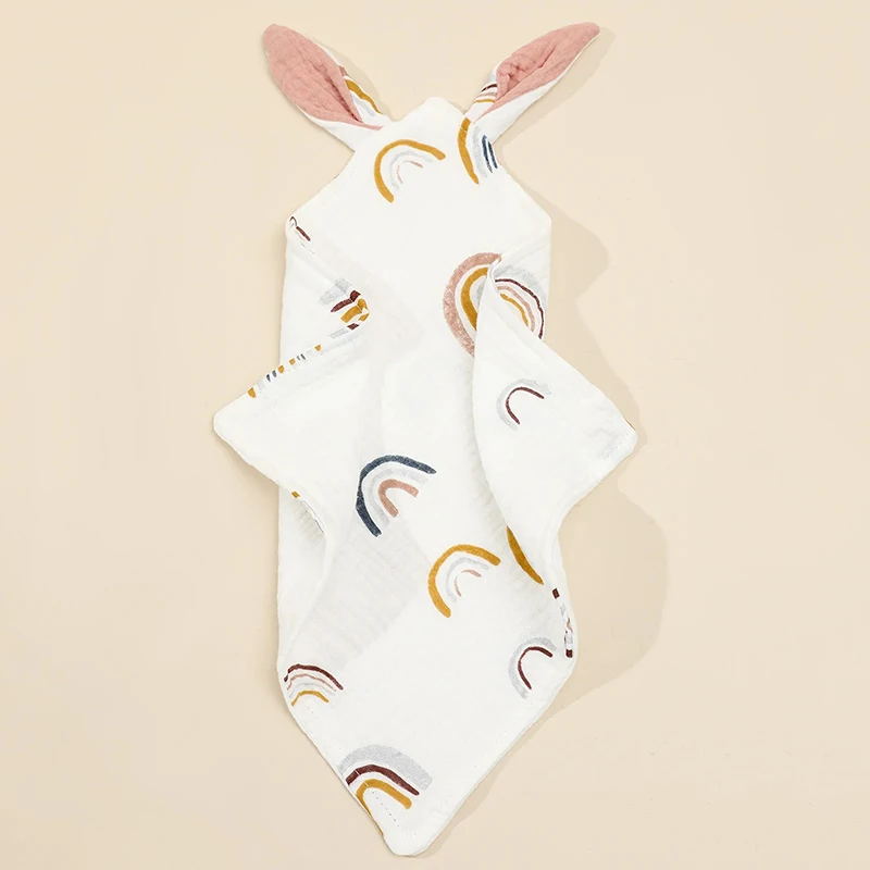 Soft Printed Baby Cuddle Cloths Cotton Muslin Bunny Ears Baby Comforter bibs Saliva Towel Security Blanket Soothe Appease Towels