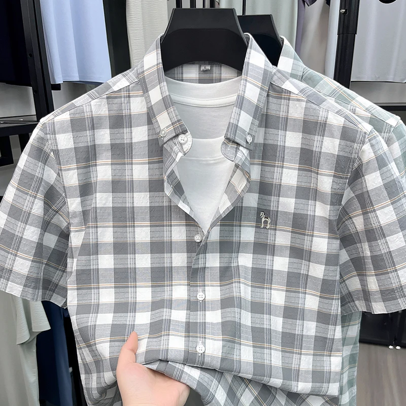 

100% Pure Cotton Light Luxury Short Sleeved Shirt 2026 Summer New Men's Button Up Collar Slim Half Sleeved Shirt