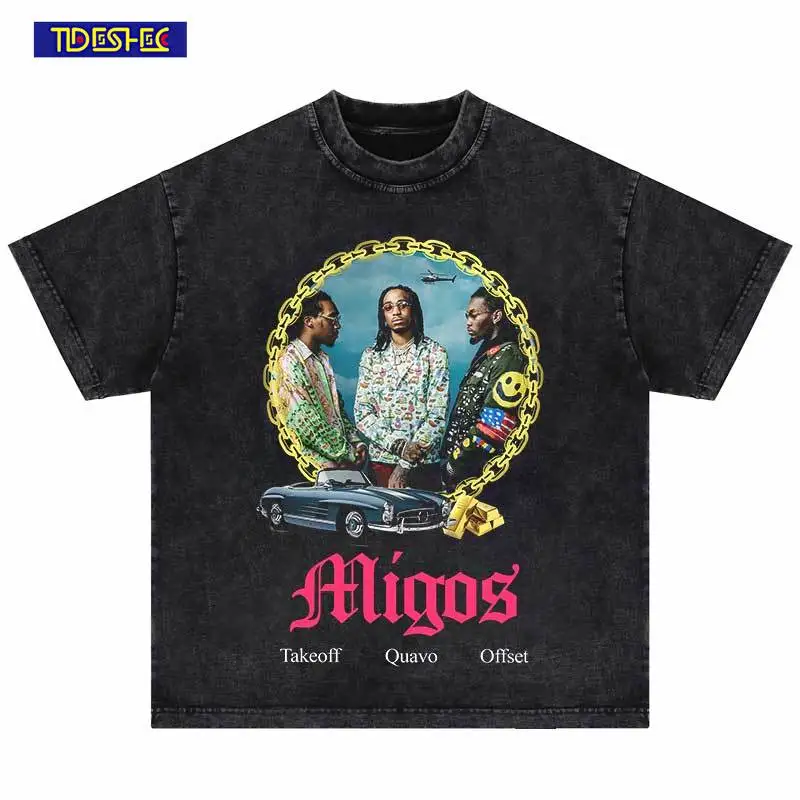 TIDESHEC HipHop Streetwear Portrait Graphic Printed T Shirt Cotton Oversize Washed Black 2024 Men T-Shirt Unisex Tops Tee Y2K