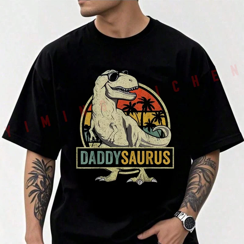 Camiseta de algodón para hombre Moto Daddysaurus T Rex Dinosaur Daddy Saurus, camiseta informal de aventura con cuello redondo a juego para la familia