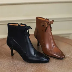 New 2023 Autumn Winter Bullock Women Shoes High Heel Genuine Leather Boots for Women Square Toe Boots Zipper Bow Ankle Boots