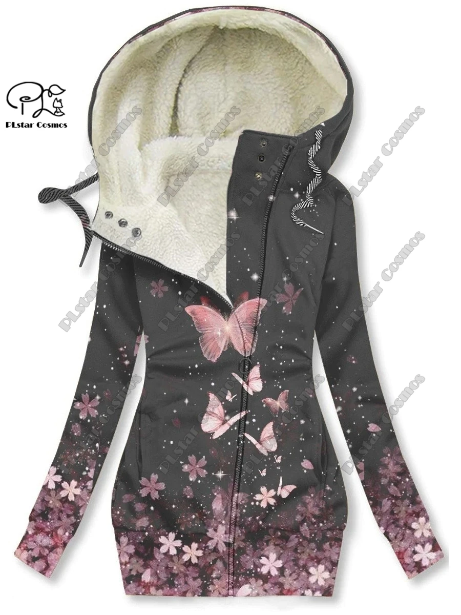 New 3D printing retro series floral and animal patterns plus velvet and warm women's long zipper sweatshirt casual winter L-20