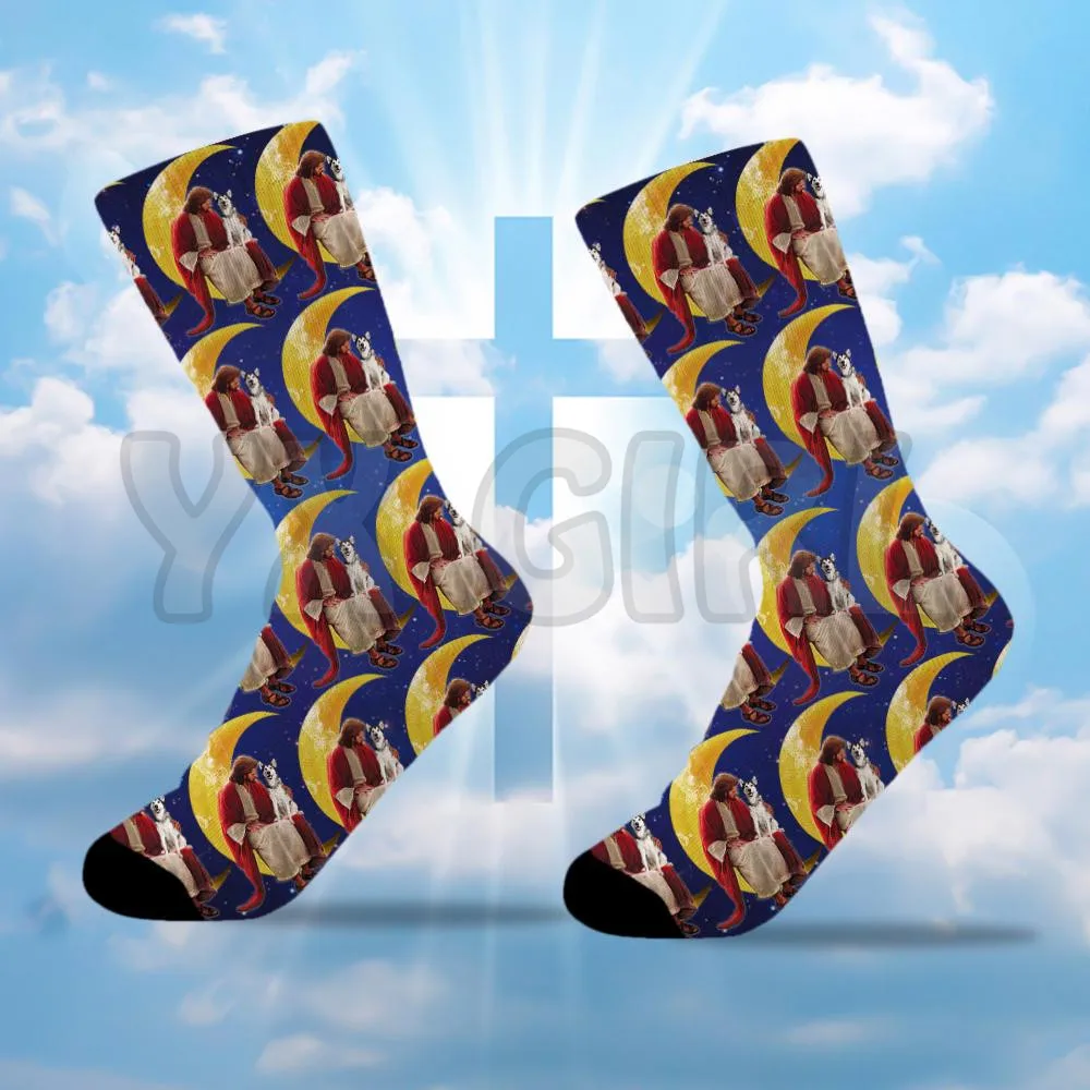 

Alaskan Malamute And JesusGod Sitting On The Moon 3d Printed socks High Socks Men Women high quality long socks Novelty socks