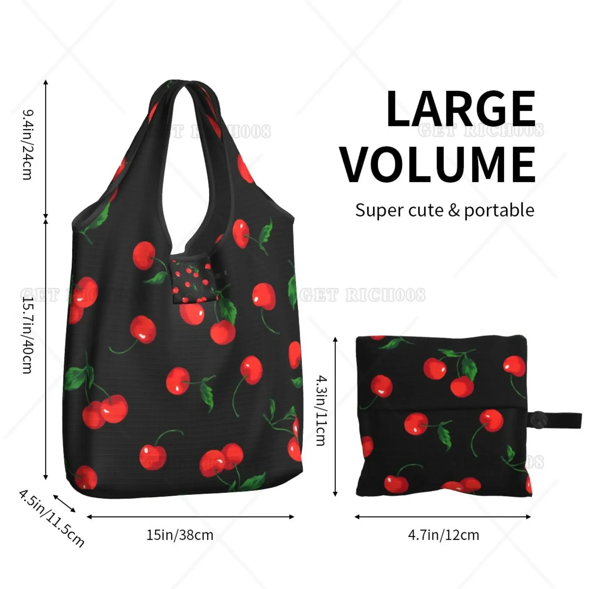 Cherry Fruit Tile Pattern Reusable Bag Foldable Shopper Bag No Zipper Vintage Recyclable Grocery Bags One Size for Women