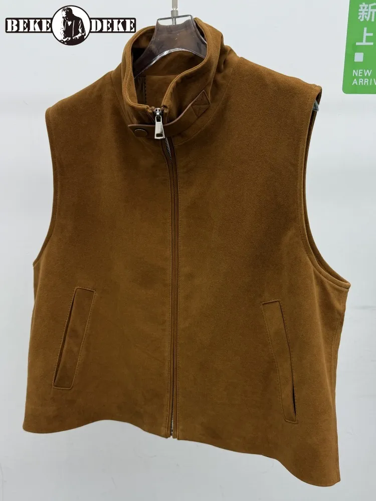 Leisure Ladies Stand Collar Pockets Genuine Leather Vest Fashion Solid Color Suede Sheepskin Loose Zipper Sleeveless Outerwear