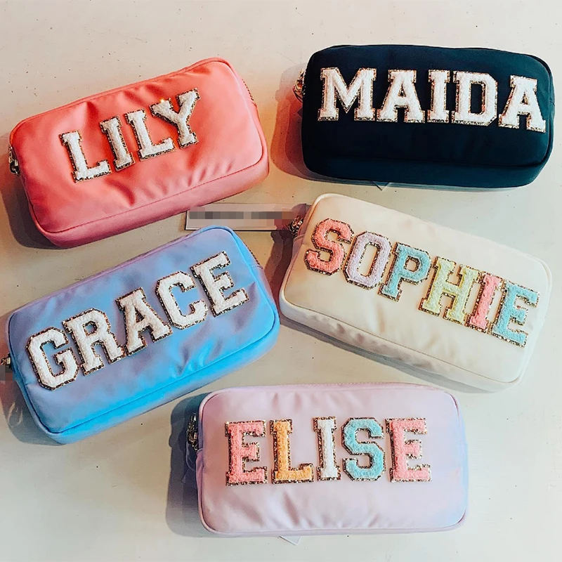 Customize DIY Letters Patch Heart Pearl Rhinestone Nylon Durable Waterproof Pouch Makeup Case Nylon Travel Cosmetic Bag