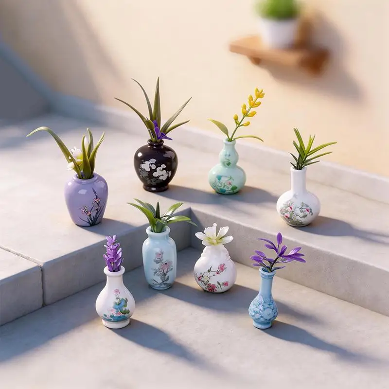 ●8Pcs Mini Vase Resin Figurine Imitation Porcelain Bottle Creative Micro Landscape Ornament DIY Home Desktop Decor Accessories