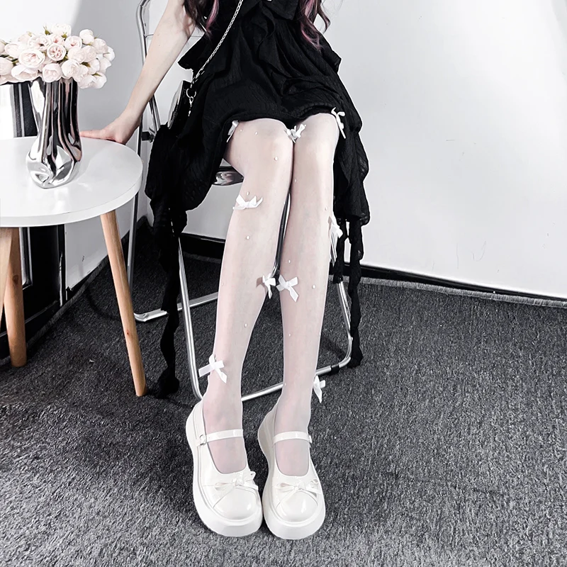 White Stockings With Calf Straps Pearl Bowknot Pantyhose For Women's Lolita Japanese Sweet Girl Summer Thin Style Tights Socks