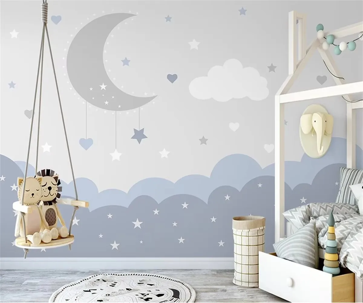 Custom boy and girl room 3d wallpaper Nordic hand-painted minimalist moon starry children's room indoor background wallpaper