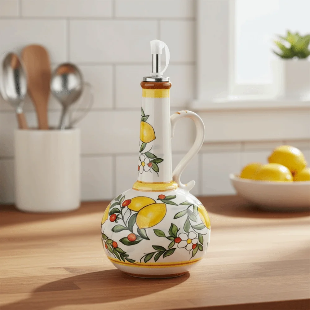 European-style Olive Oil Dispenser Ceramic with Dust Lid Vinegar Bottle Refillable Under-glazed Soy Sauce Bottle Restaurant