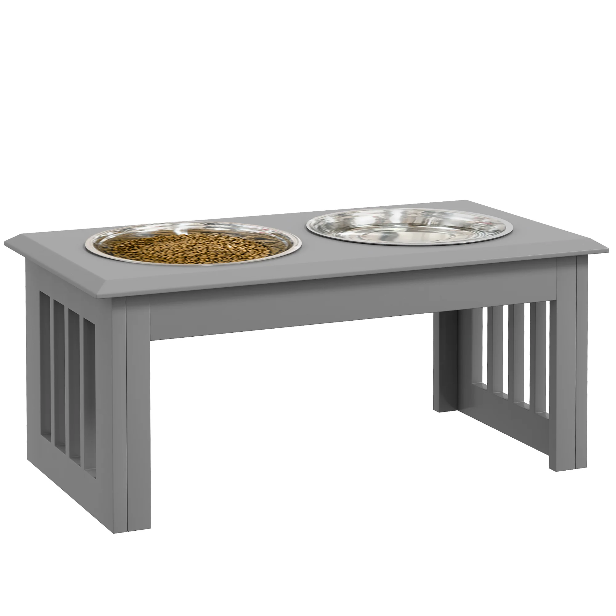 Pawhut Verhoogde Hondenvoerbak met Standaard en 2 Verwijderbare RVS Voerbakken voor Voer en Water 58.4X30.5X25.4 cm Grijs