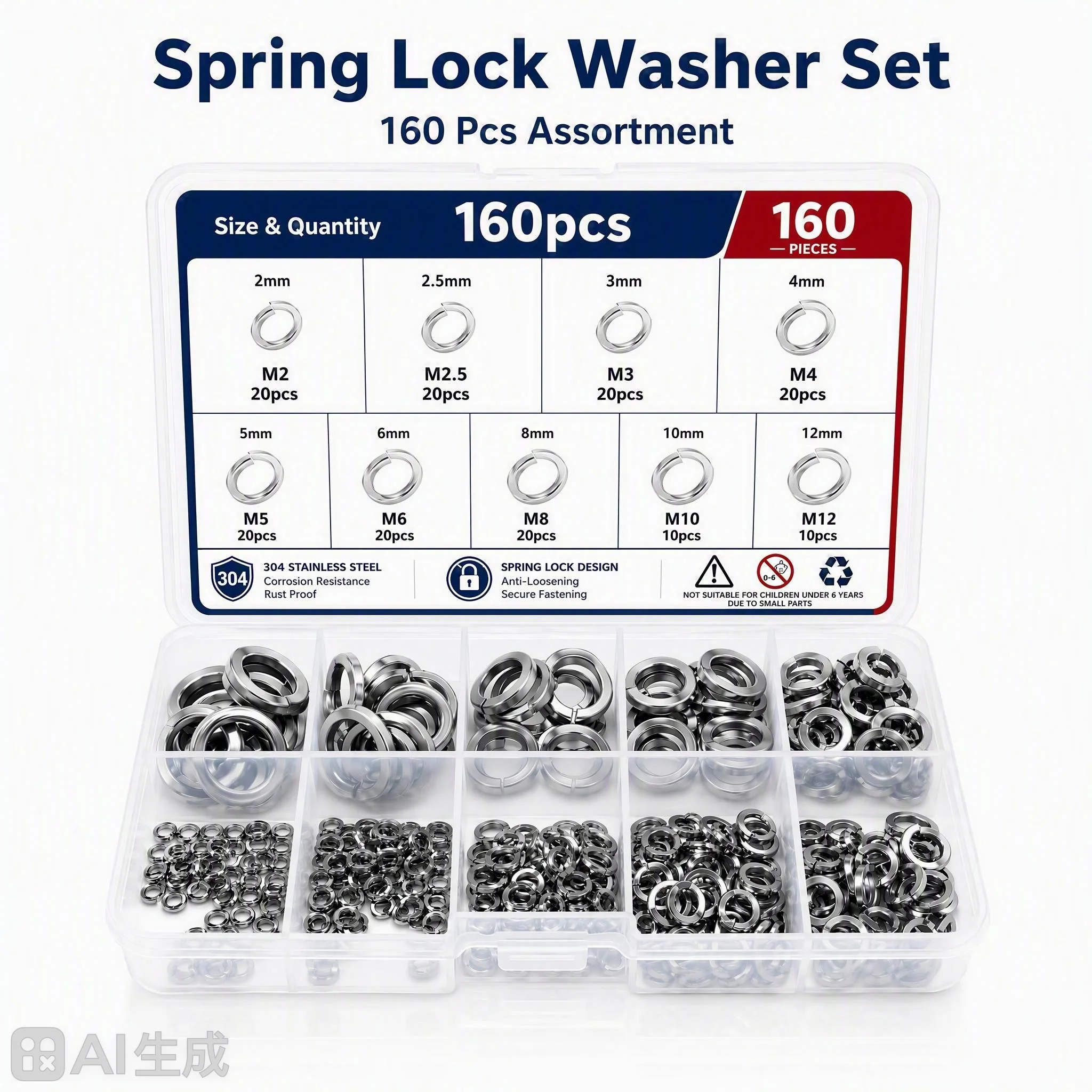 160pcs Assorted 304 Stainless Steel Split Lock Washers Kit Spring Lock Washers for Bolts Sizes M2-M12 Durable Hardware