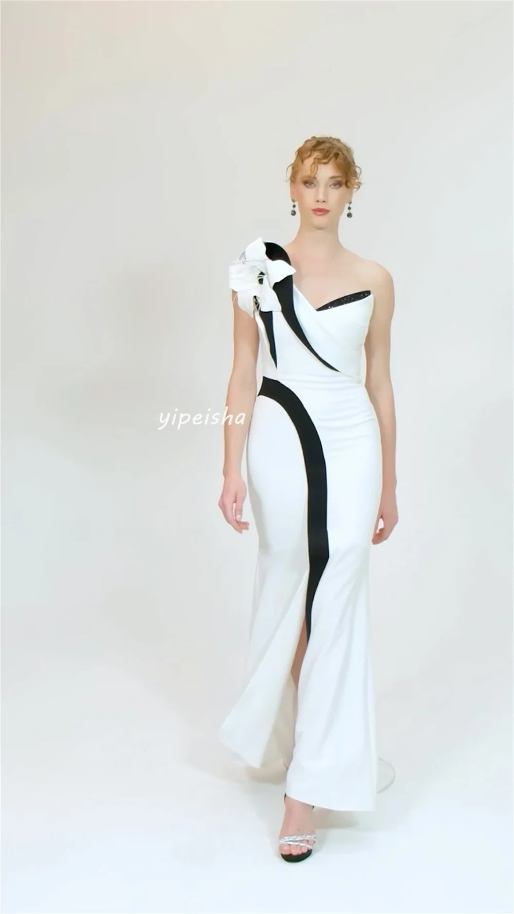 Modern Style Sizes Available Jersey Handmade Flower Feather Pleat Sheath One-shoulder Midi Dresses Evening Dresses Matching