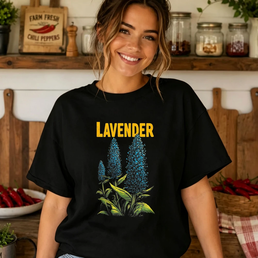 Lavender Blue Floral Plant Vintage Letter Graphic T Shirt Women Botanical Nature Print Loose Casual Cotton Daily Basic Tee Tops