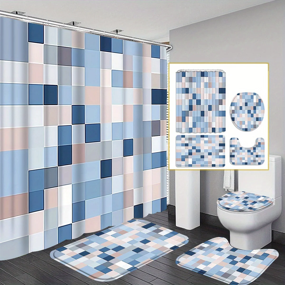 

4pcs Creative Grid Cartoon Characters Shower Curtain Collection - 12 Hook Shower Curtain with Rug, Toilet Mat and Complete