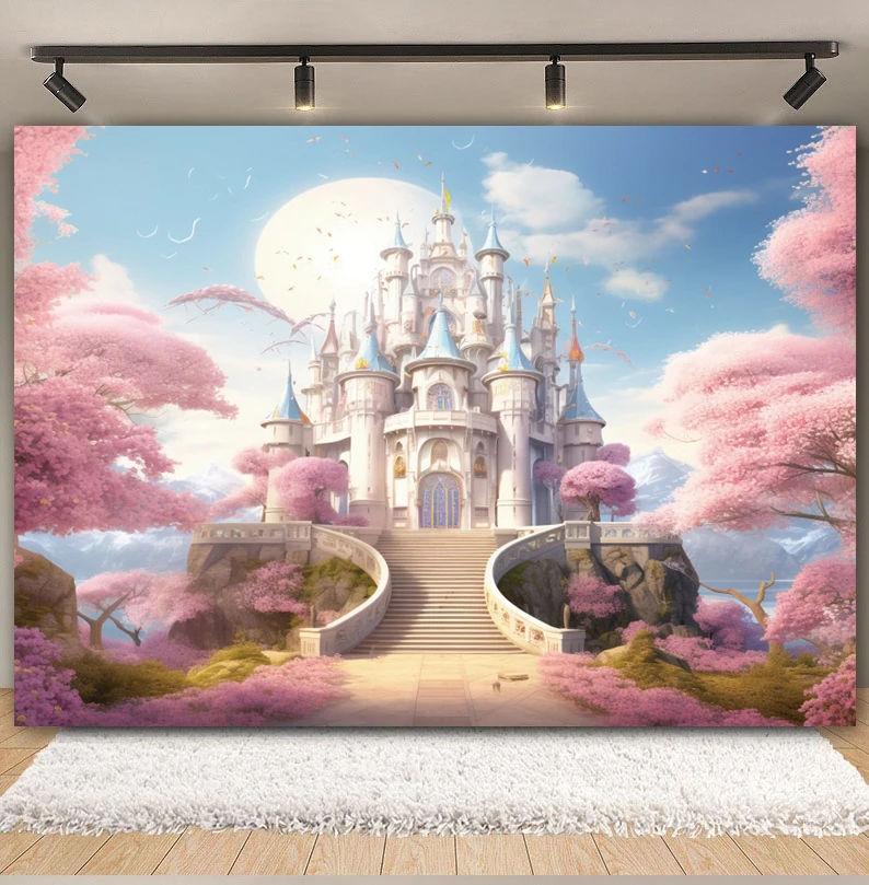 Spring Floral Castle Backdrop Fairy Tale Castle Palace Flower Princess Girl Baby Birthday Party Portrait Photography Background