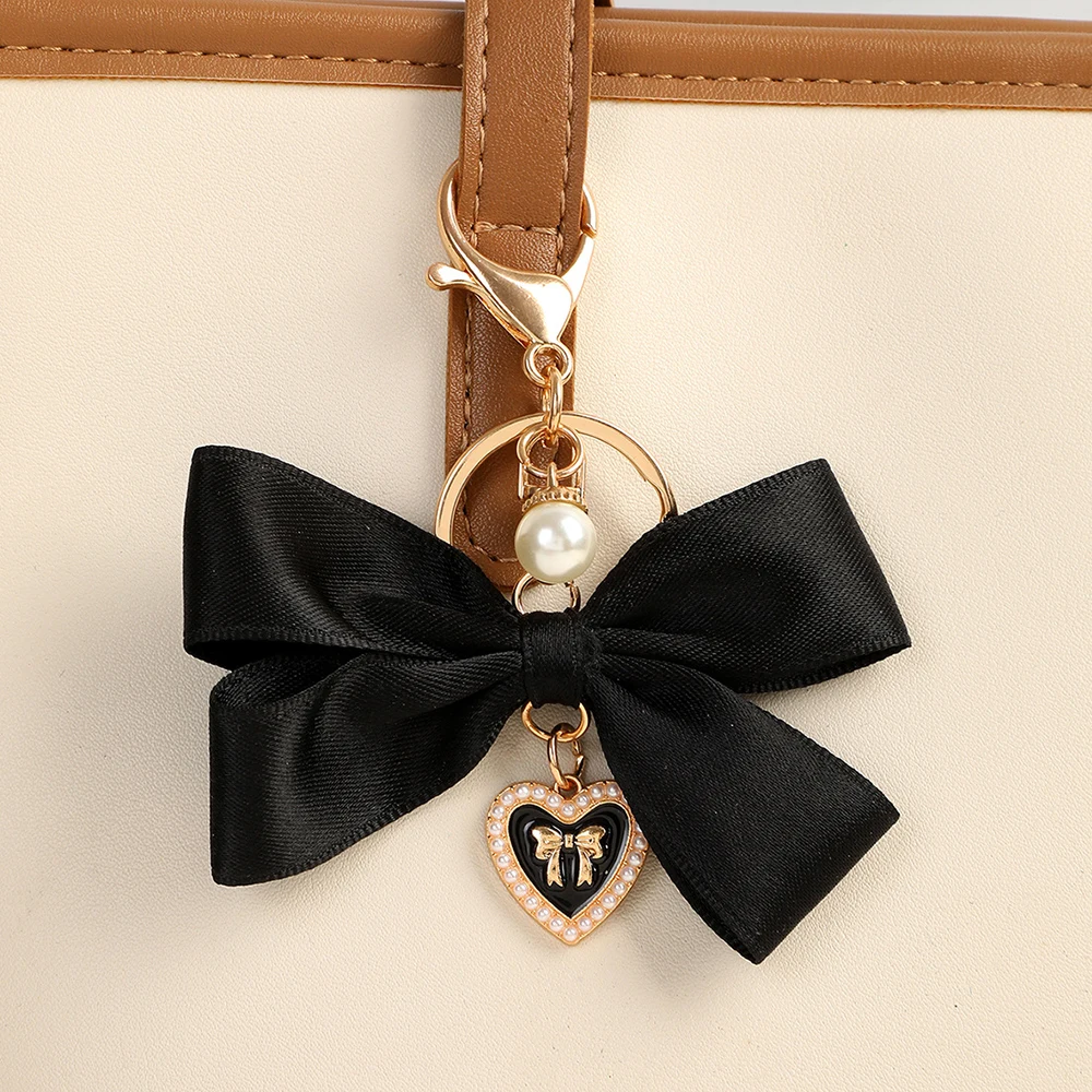 Imitation Pearl Keychain Sweet Fashion Ribbon Bowknot Keyring Accessories Alloy Buckle Women Bag Charms Best Gifts Jewelry