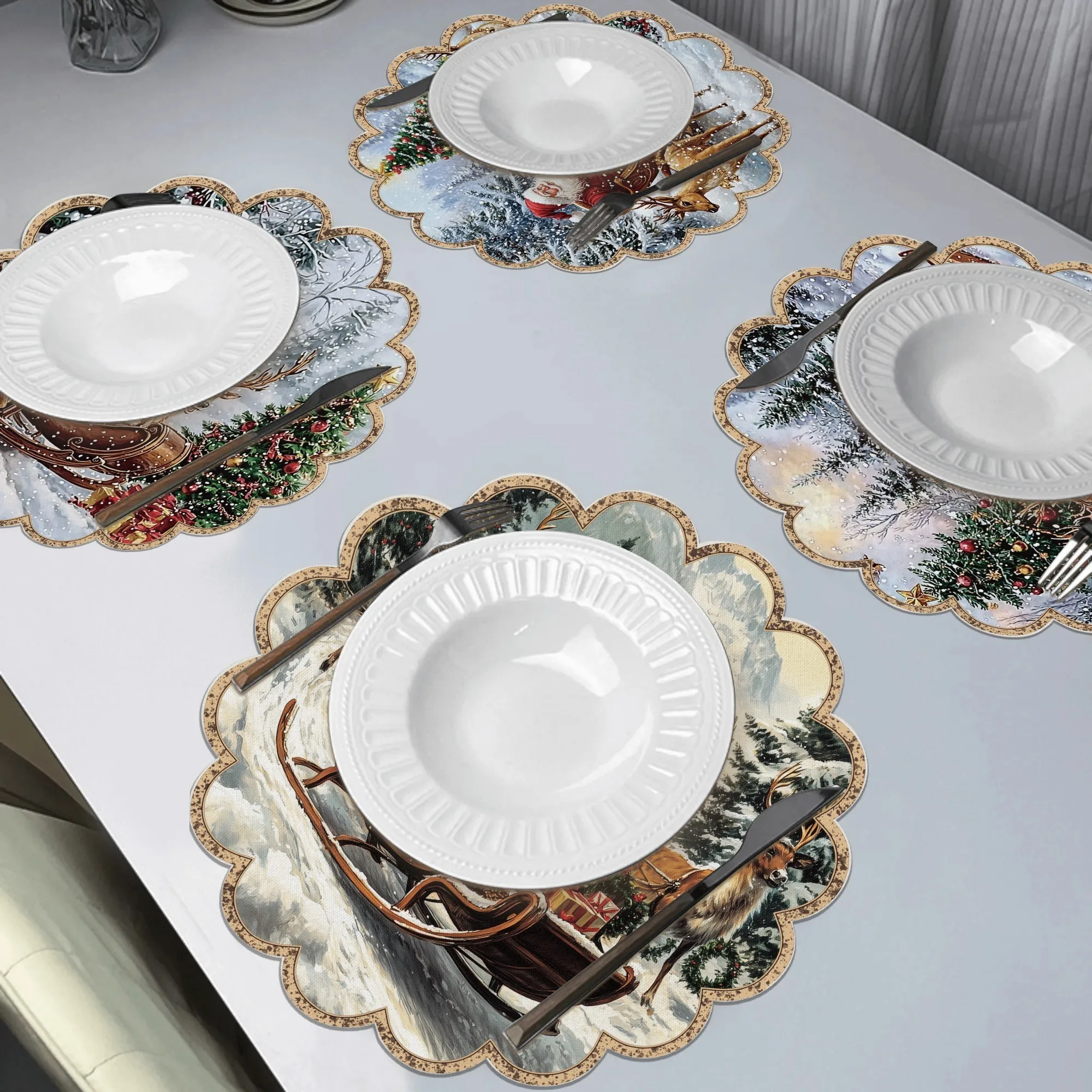 2/4/6/8Pcs Santa Claus and Reindeer Pattern Round Wavy Placemats Merry Christmas Decorative Placemats Non-Slip Fabric Table Mats Suitable for Holiday Decorations for Dining and Parties