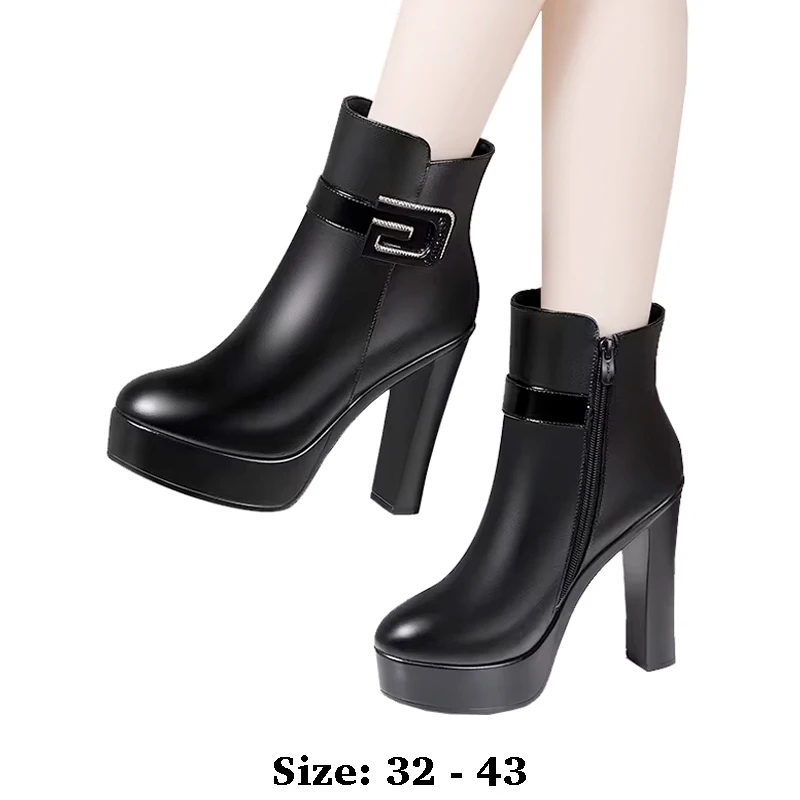 

high quality short ankle leather boots for women 13cm high heel new 2025 32 33 34 autumn winter elegant shoe print black