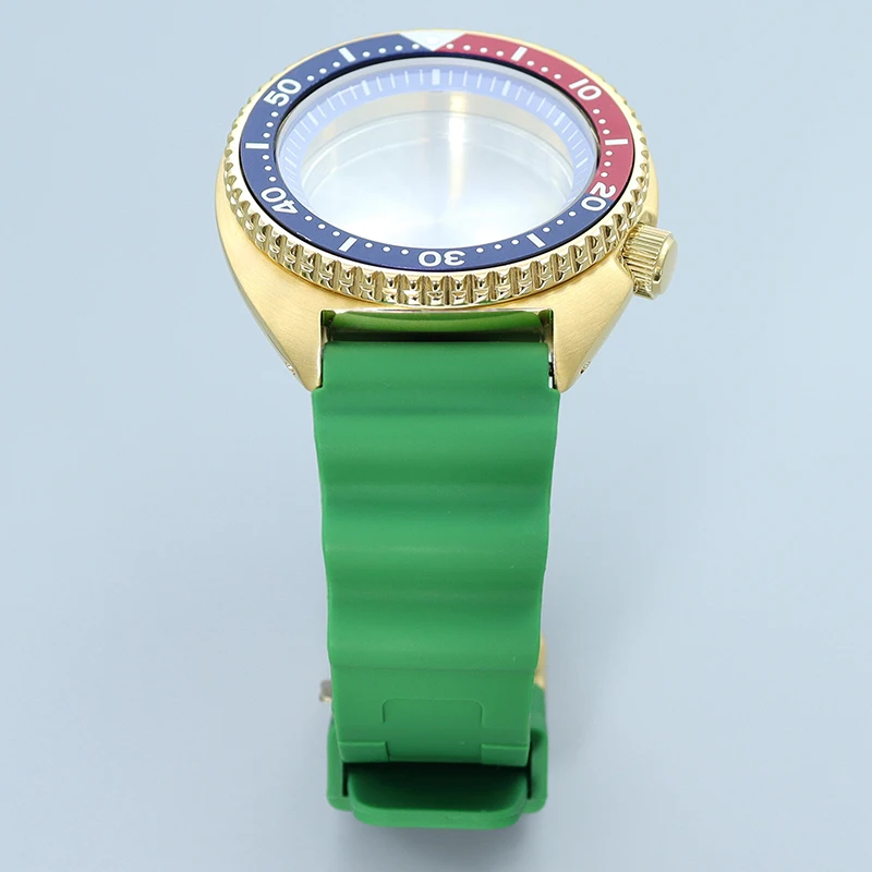 Funda de reloj 009 dorada, correa de goma verde, zafiro, compatible con atún, Tortuga, Seiko, NH35, NH36/38, movimiento, anillo de sección azul, esfera de 28,5mm