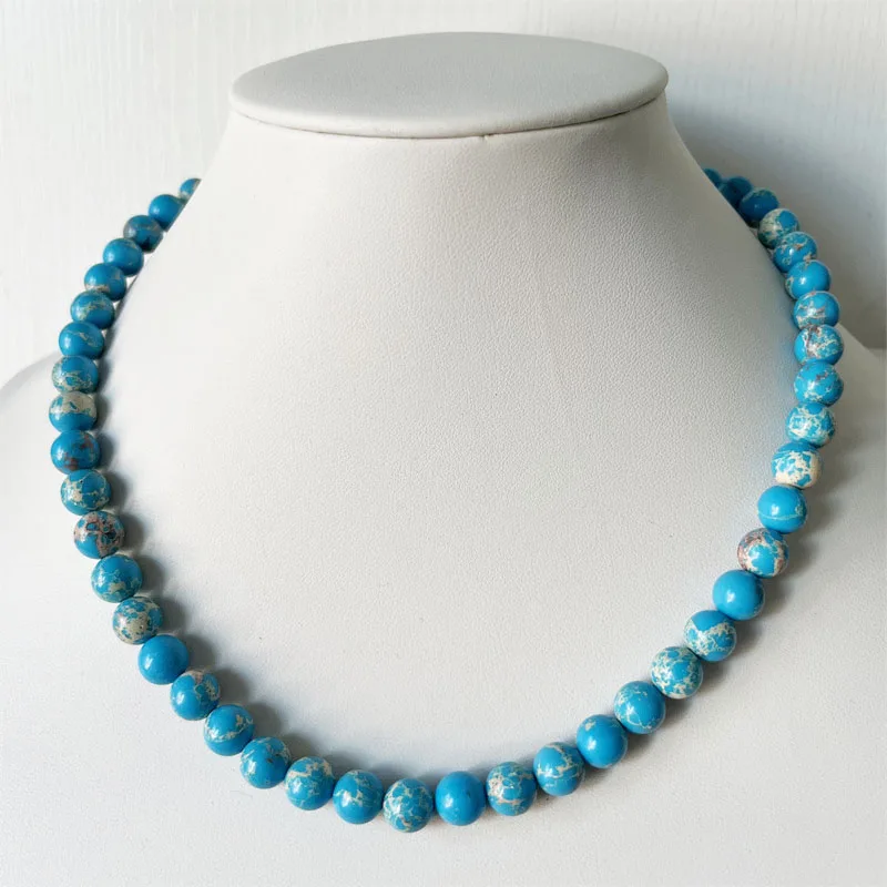 8MM Blue White Imperial Turquoise Necklace Natural Stone Jewelry Health Care Gemstone Protection Choker Healing Yoga Female
