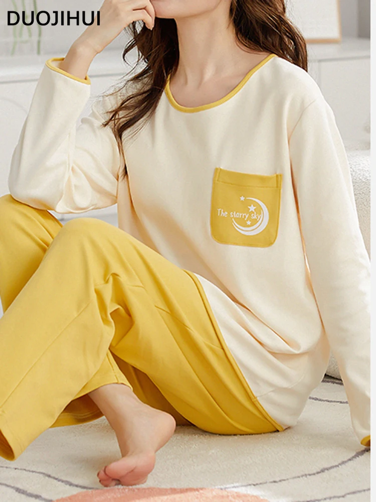 DUOJIHUI New Women's Round Neck with Chest Pads Two Piece Sleepwear Fashion Long Sleeve Women Loose Korean Versatile Homewear