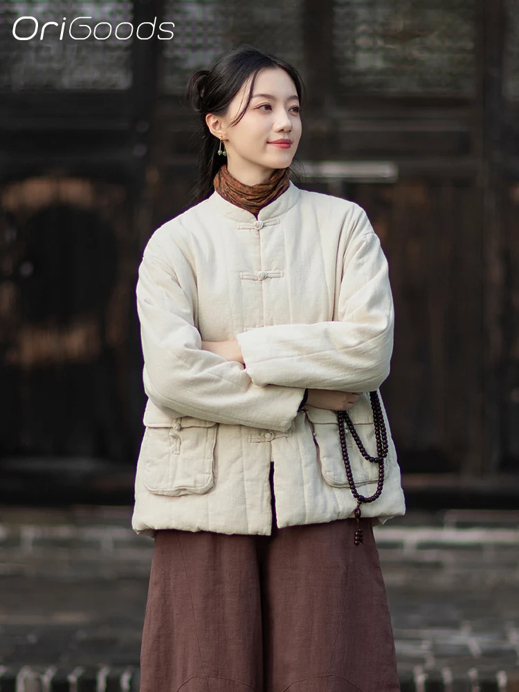 OriGoods معطف الشتاء الدافئ السميك امرأة فضفاضة تناسب القطن مبطن الشتاء سترة النمط الصيني الكتان الطقس البارد ملابس خارجية معطف C154
